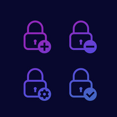 Lock with add sign, minus, gear and tick, security icons