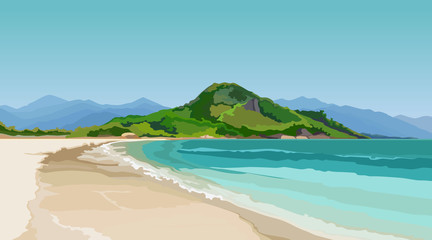 turquoise sea with a sandy beach surrounded by mountains