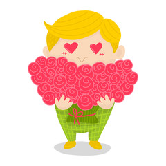 Сartoon vector guy holding a bouquet
