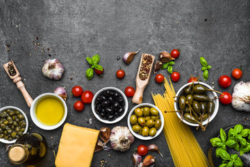 Fototapeta na wymiar Fresh ingredients of italian food, mediterranean diet, background