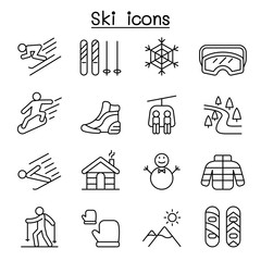 Ski icons set in thin line style