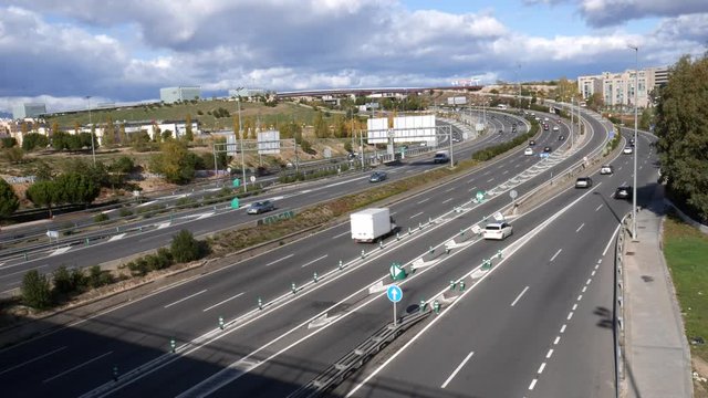 Highway traffic on the A1 highway in Las Tablas, Madrid, Spain heading north towards Burgos