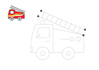 Worksheet. Cartoon fire car. Dot to dot educational game for children. Coloring page.