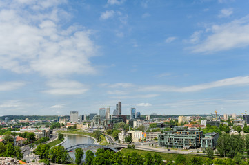 Beautiful and bright panorama of Vilnius town from the top of the Gediminas hill. New town