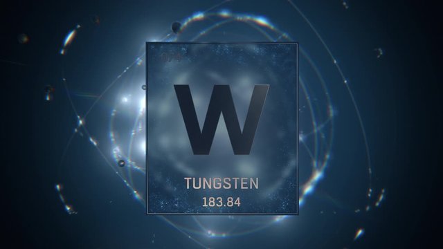 Tungsten as Element 74 of the Periodic Table. Seamlessly looping 3D animation on blue illuminated atom design background with orbiting electrons. Design shows name, atomic weight and element number