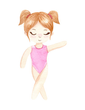 Watercolor gymnast girl. Hand painted illustration isolated on white background.