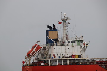 Mumbai, Maharastra/India- November 22 2019: Ship control centre. Bridge, antenna, and masthead light of a cargo vessel. Marine engineering and communications.