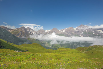 View of the Hohe Dock from a meadow while ascending the Grossglockner High Alpine Road