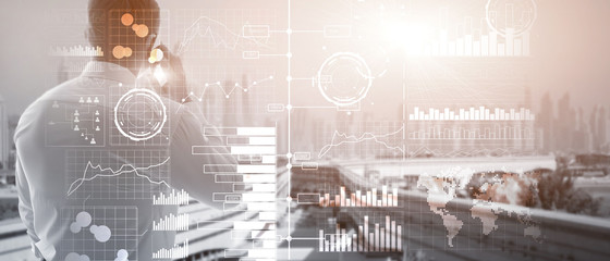 Business intelligence. Diagram, Graph, Stock Trading, Investment dashboard, transparent blurred