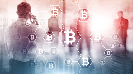Bitcoin, Blockchain concept on server room background.