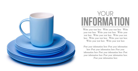 Pastel blue plates and cup on white background isolation, space for text