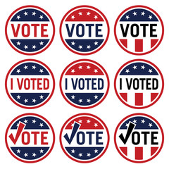 Vote and I Voted political election logo set in red white and blue isolated vector illustration