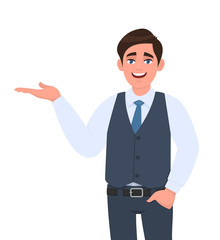 Young businessman presenting hand gesture to copy space. Person in formal waistcoat introducing something with hand in pocket. Male character design illustration. Modern lifestyle in vector cartoon.