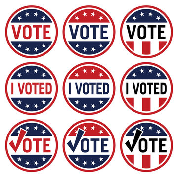 Vote And I Voted Political Election Logo Set In Red White And Blue Isolated Vector Illustration