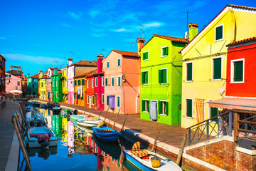 Naklejka na ściany i meble Venice landmark, Burano island canal, colorful houses and boats, Italy