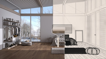Paint roller painting interior design blueprint sketch background while the space becomes real showing modern bedroom. Before and after concept, architect designer creative work flow