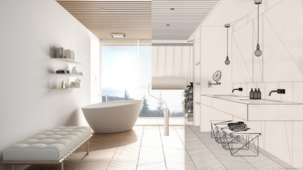 Paint roller painting interior design blueprint sketch background while the space becomes real showing modern bathroom. Before and after concept, architect designer creative work flow