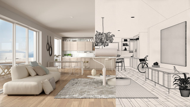 Paint roller painting interior design blueprint sketch background while the space becomes real showing modern kitchen. Before and after concept, architect designer creative work flow