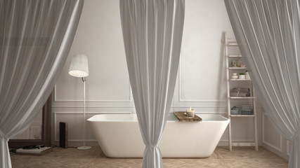 White openings curtains overlay modern bathroom, interior design background, front view, clipping path, vertical folds, soft tulle textile texture, stage concept with copy space