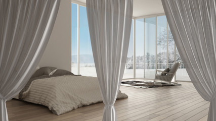 White openings curtains overlay modern bedroom, interior design background, front view, clipping path, vertical folds, soft tulle textile texture, stage concept with copy space