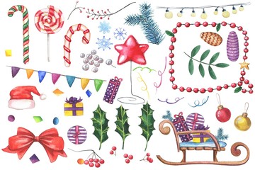 Big set of Watercolor Christmas clipart objects on white background. Hand drawn green Holly leaves, lollipops, golden fir-tree toy, berries, branches, gifts, sleigh, confetti, lightbulb, flag garlands