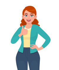 Trendy young woman showing thumbs up sign. Pretty teenage girl making like, good or success gesture. Female character design illustration. Emotions, modern lifestyle concept in vector cartoon style.