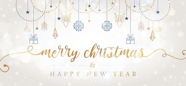 Merry Christmas and Happy New Year hand lettering with geometric elements