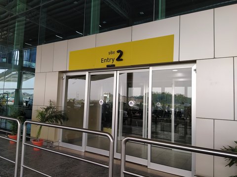 New Delhi, Delhi/India- October 13 2019: Entry Gates Of An Airport Terminal. Modern Building Made Up Of Steel And Glass.