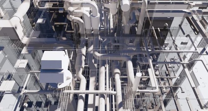 Top view visualization of a BIM model of utilites of building with transparent walls