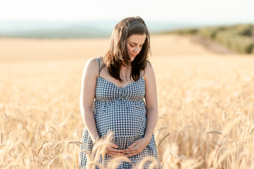 Fototapeta na wymiar Pregnant woman in cereal field touching her belly