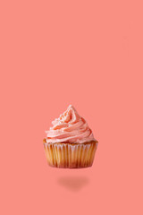 Homemade levitation cupcake with pink buttercream and coconut flakes over red pink background.