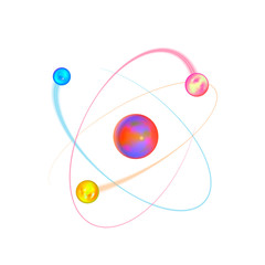 Colorful atom physical structure with bright electron orbits on white
