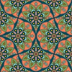 Abstract mandala fish scale seamless pattern. Ornamental tile, mosaic background. Floral patchwork infinity card. Arabic, Indian, ottoman motifs. Vector illustration. 