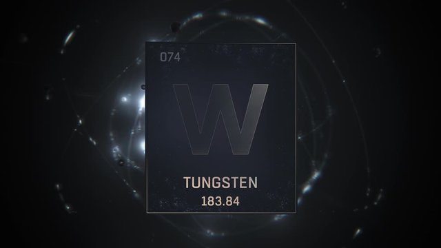 Tungsten as Element 74 of the Periodic Table. Seamlessly looping 3D animation on silver illuminated atom design background with orbiting electrons. Design shows name, atomic weight and element number