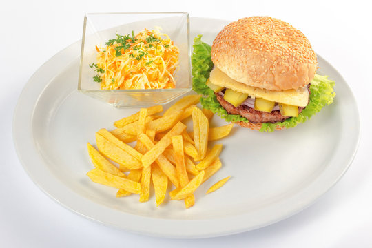 fast food menu. hamburger, french fries and salad. burger with beef stake, cheese onion and pickle. healthy variation of junk food