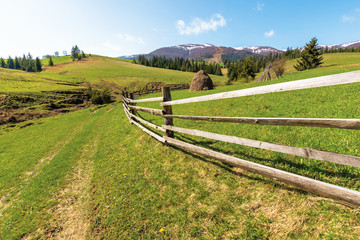 Fototapeta na wymiar transcarpathian country landscape in springtime. haystack behind the wooden fence on the grassy meadow. spruce forest on hills rolling in to the distant mountain. borzhava ridge with snow capped tops