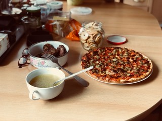 bowl of soup and pizza homemade