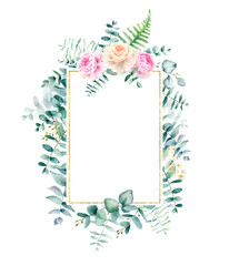 Watercolor hand painted floral frame with eucalyptus leaves and flowers. Frame for wedding invitations, save the date or greeting cards.