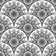 Abstract mandala fish scale seamless pattern. Ornamental tile, mosaic background. Floral patchwork infinity card. Arabic, Indian, ottoman motifs. Vector illustration.  © _aine_