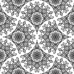 Fototapeta na wymiar Abstract mandala fish scale seamless pattern. Ornamental tile, mosaic background. Floral patchwork infinity card. Arabic, Indian, ottoman motifs. Vector illustration. 