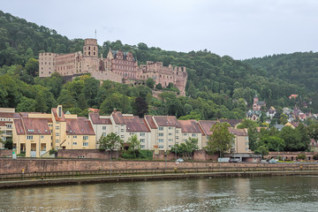 Fototapeta na wymiar The castle of Heidelberg and the Neckar seen from a bridge over the river