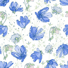 Fototapeta premium Vector hand drawn floral seamless pattern with blue flowers chicory, chamomiles, herbs, leaves on white background. For your design, textile, wallpapers, print, greeting. Vintage style.