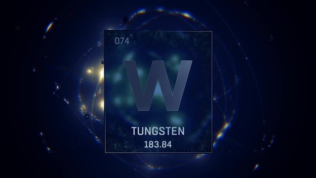 Tungsten as Element 74 of the Periodic Table. Seamlessly looping 3D animation on blue illuminated atom design background with orbiting electrons. Design shows name, atomic weight and element number