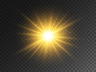 Gold glowing star on transparent backdrop. Magical explosion with star dust. Christmas light effect with magic particles. Yellow energy flash. Golden glitter and glare. Vector illustration