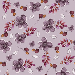 Pattern with flowers of apple tree and different leaves on a lilac background