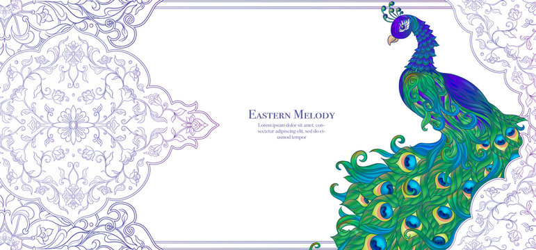 Peacock and eastern ethnic motif, traditional muslim ornament. Template for wedding invitation, greeting card, banner, gift voucher, label. Colored and outline design. Vector illustration..