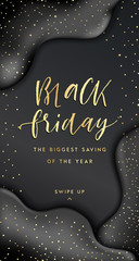 Black friday sale background ,banner or social media post template with trendy gold glitter confetti and realistic balloons, textured gold paint splash. Vector illustration, eps 10 - 305053943