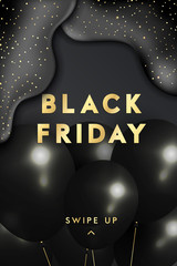 Black friday sale background ,banner or social media post template with trendy gold glitter confetti and realistic balloons. Vector illustration, eps 10 - 305054103