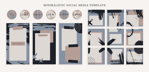 Trendy color pallette, winter vibe templates for post and stories for your social media. Puzzle textured background content for social network. Cute and cozy cold colors. Vector, editable collage - 305054392