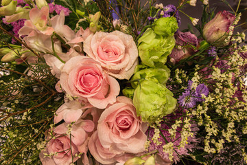 Pink rose on a flower background at decorated to celebrate the anniversary inside department store and shopping. Select focus.